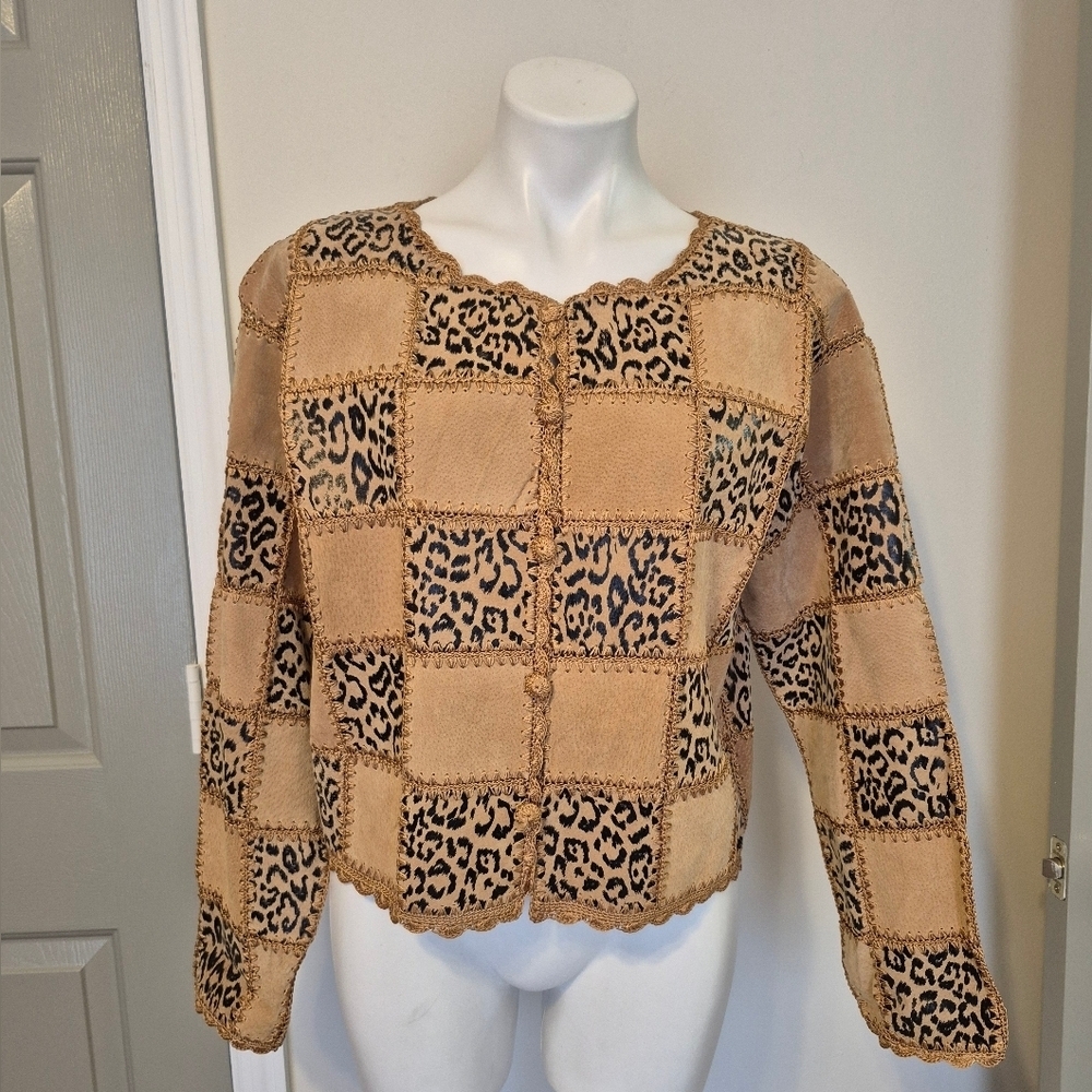 Vintage S.M.H. Boho Patchwork Animal Print Leather Crochet Shirt Jacket(M)